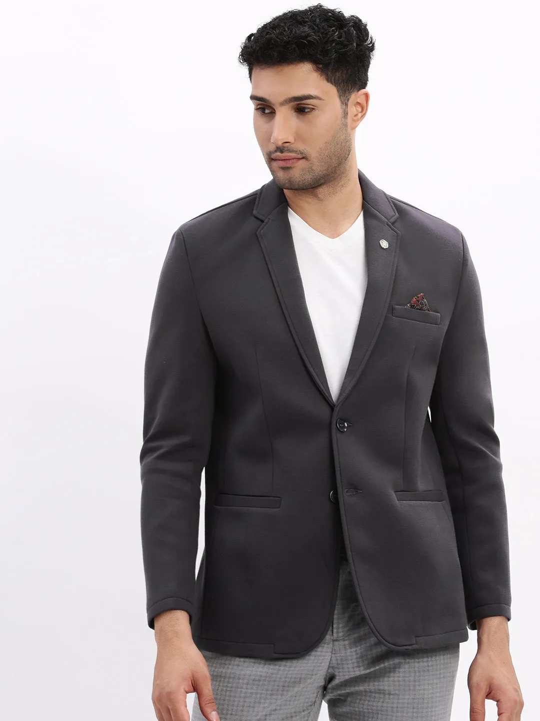 Men Solid Charcoal Single Breasted Blazer