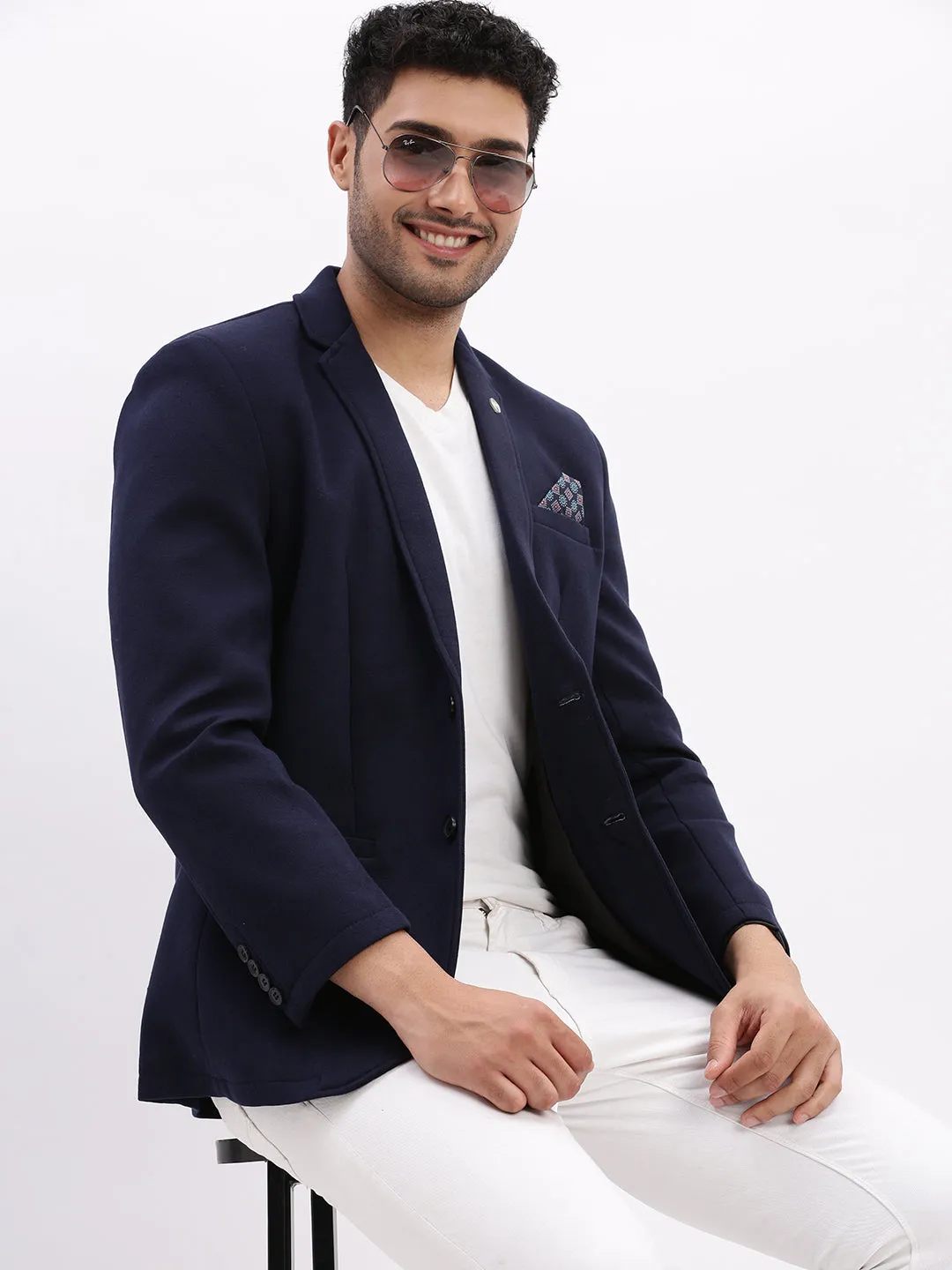 Men Solid Navy Blue Single Breasted Blazer