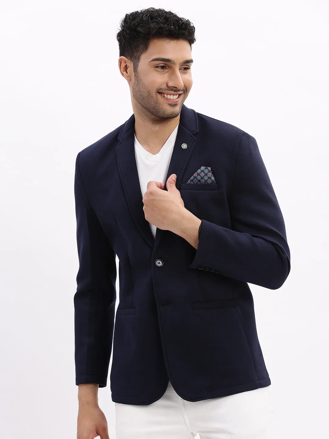 Men Solid Navy Blue Single Breasted Blazer