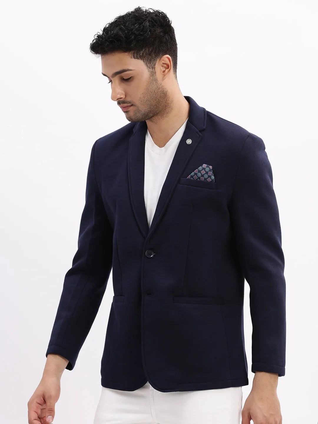 Men Solid Navy Blue Single Breasted Blazer