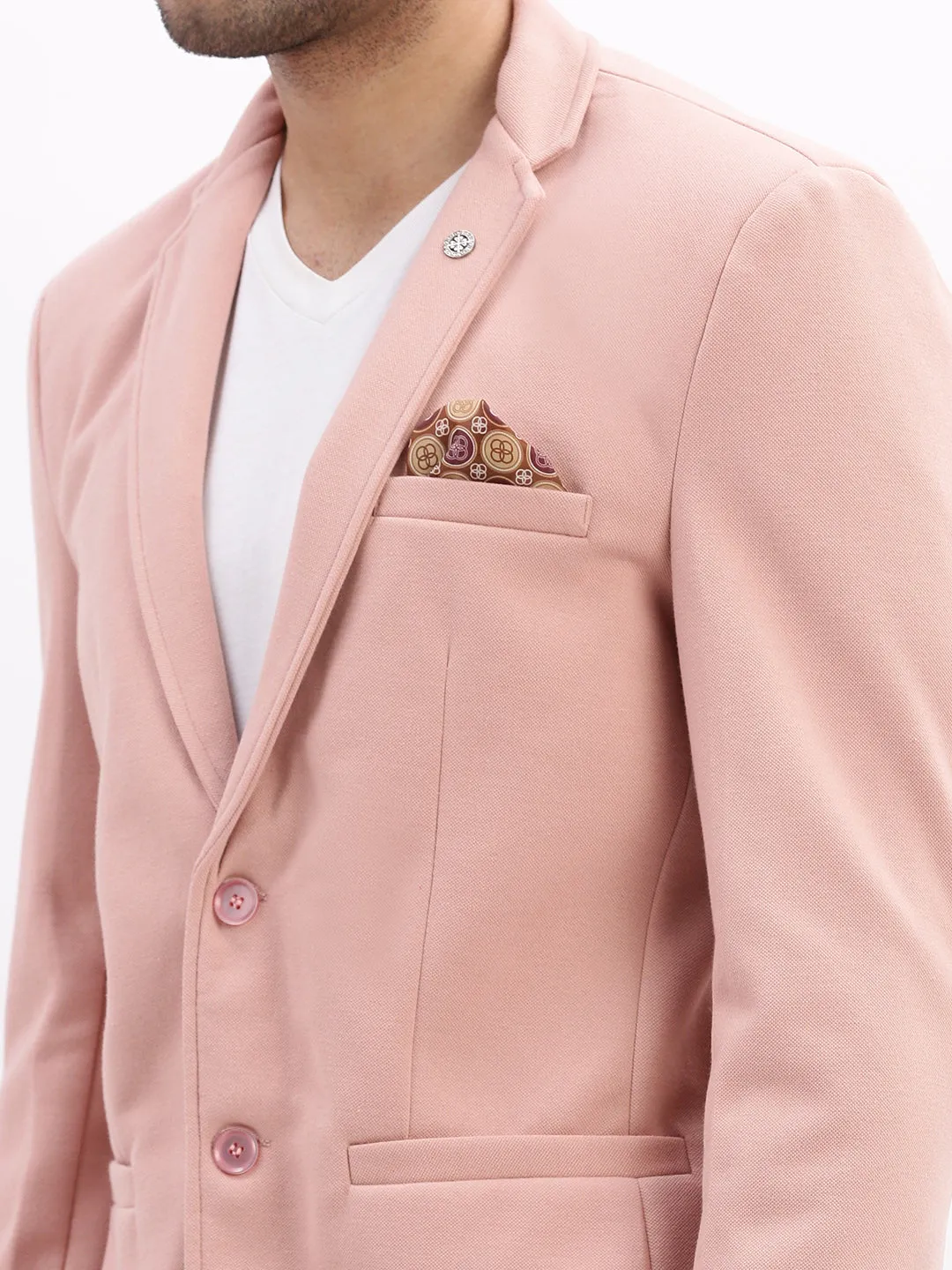 Men Solid Peach Single Breasted Blazer