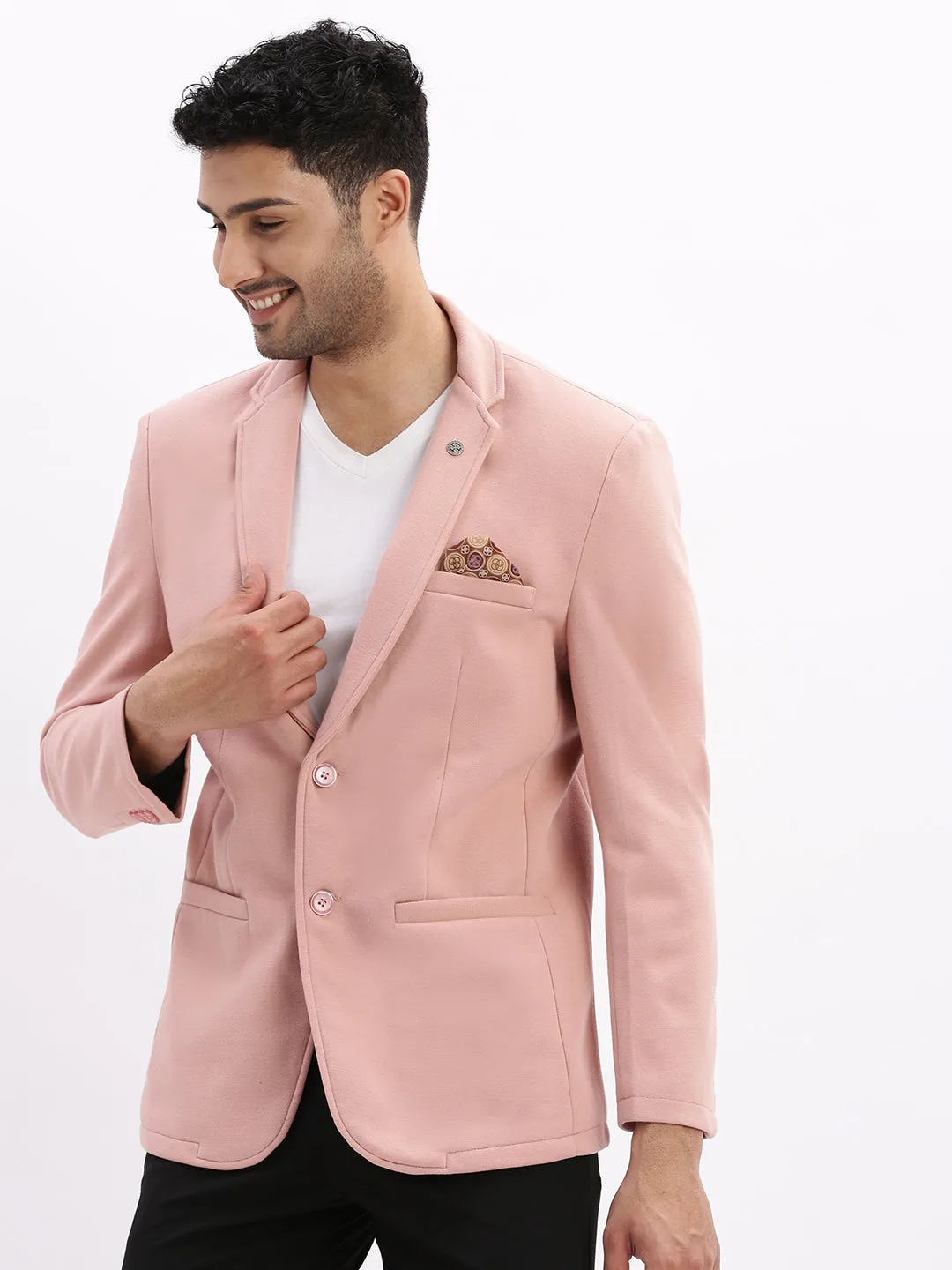 Men Solid Peach Single Breasted Blazer