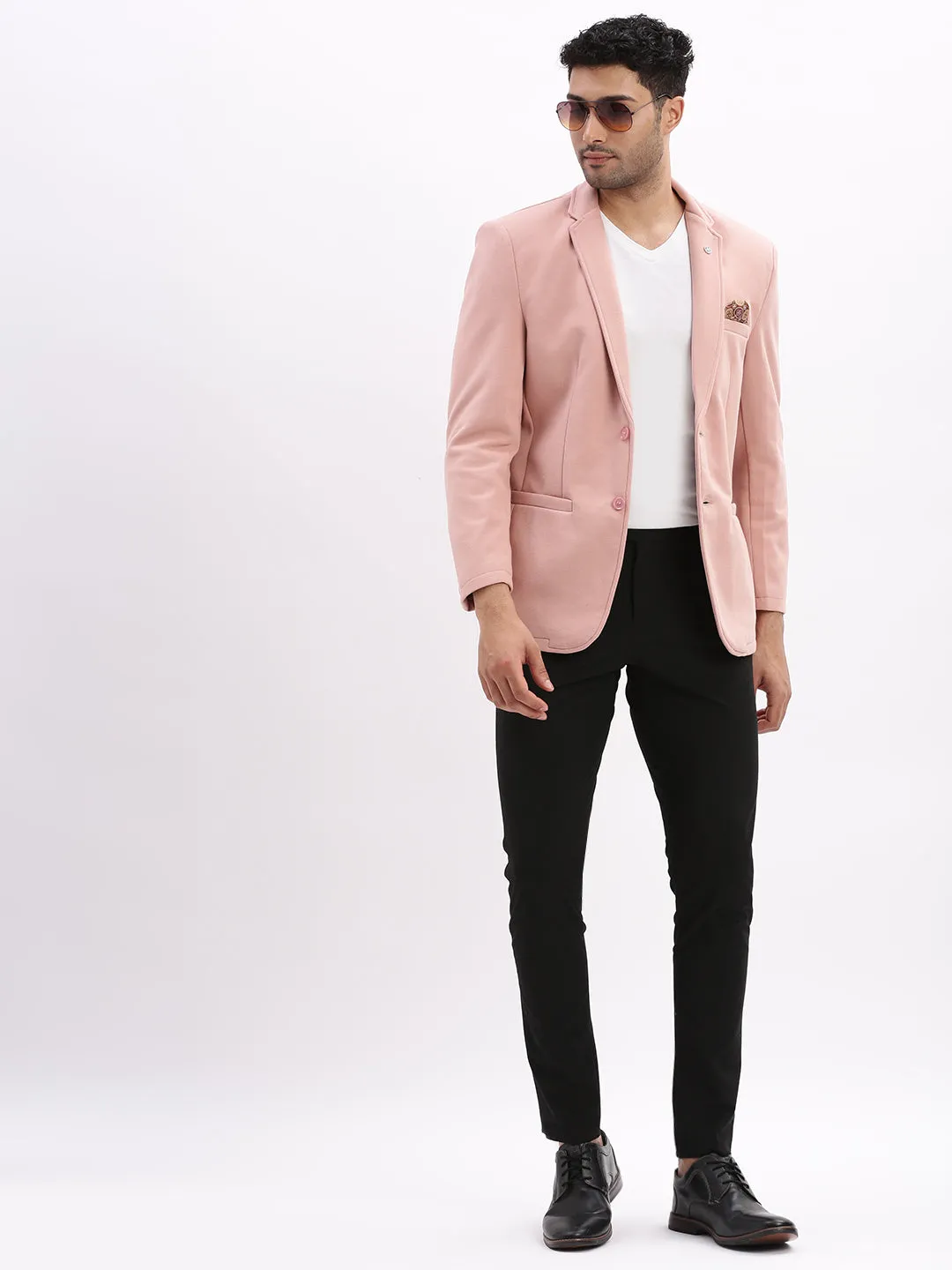 Men Solid Peach Single Breasted Blazer