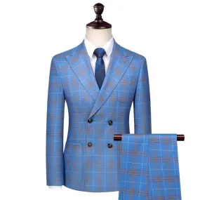 Men Suit - Blue Plaid Double-Breasted Suit