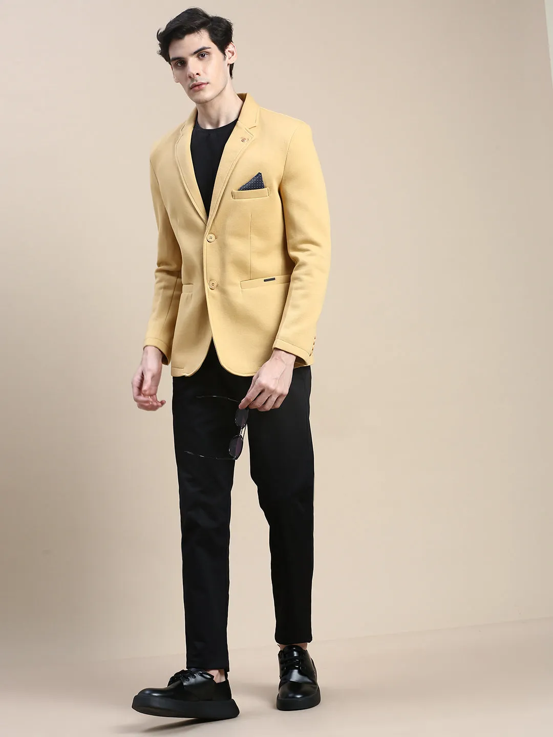 Men Yellow Solid Casual Blazers