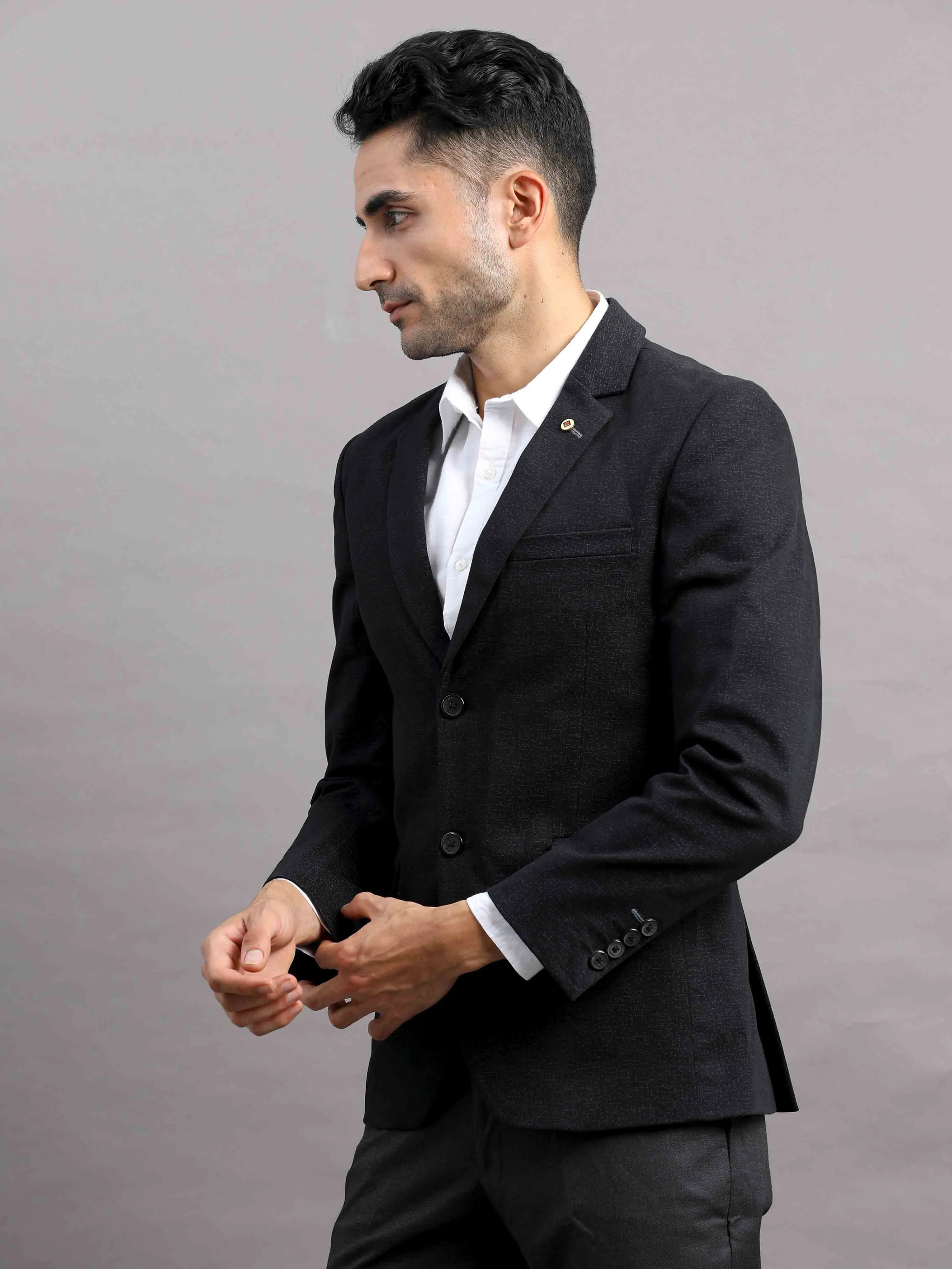 Men's Black Slim Fit Cotton Blend Full Sleeve Casual Blazer