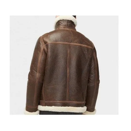 Men's Brown Aviator Shearling Leather Jacket with Wide Lapel Collar