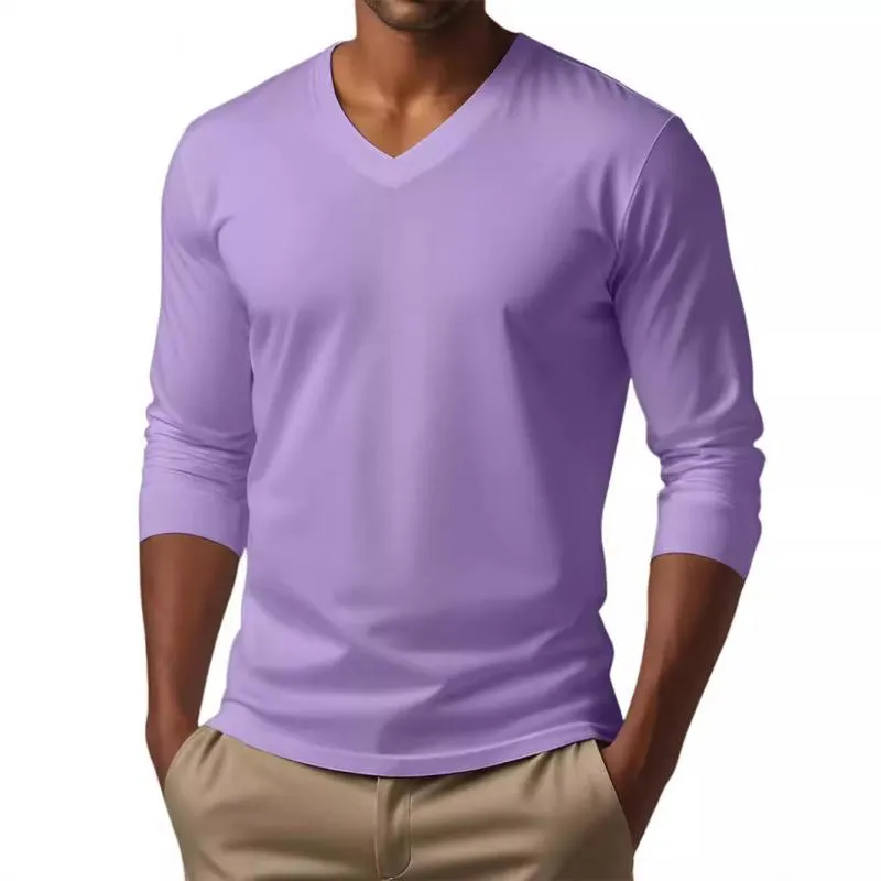 Men's Casual V-neck Cotton Blended Slim Fit Long Sleeve T-shirt