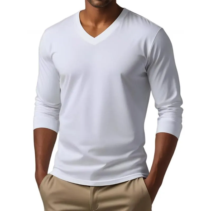 Men's Casual V-neck Cotton Blended Slim Fit Long Sleeve T-shirt