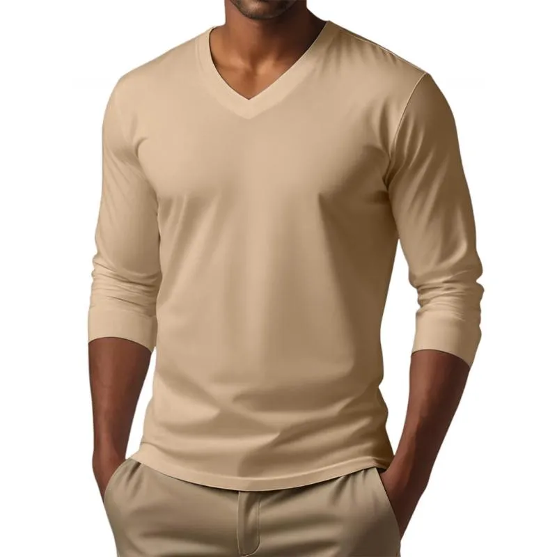 Men's Casual V-neck Cotton Blended Slim Fit Long Sleeve T-shirt