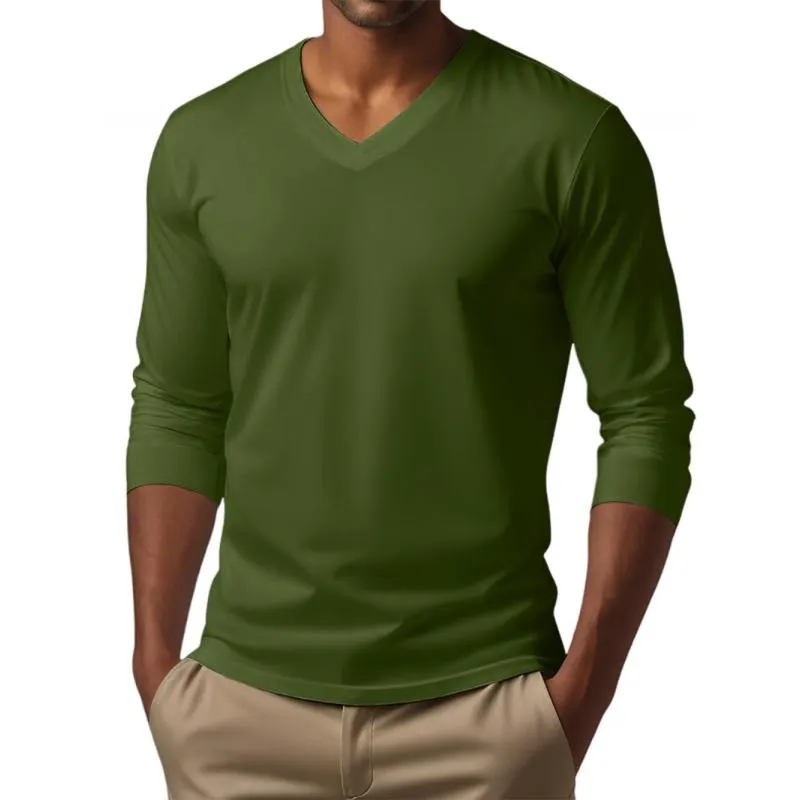 Men's Casual V-neck Cotton Blended Slim Fit Long Sleeve T-shirt