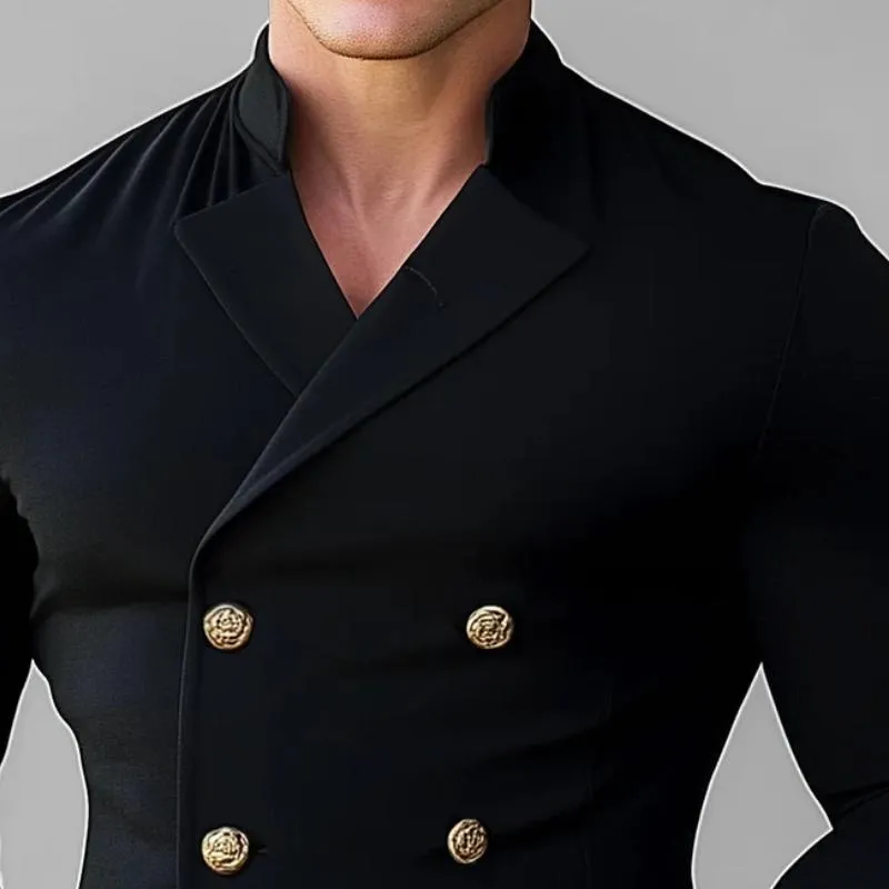 Men's Fashion Lapel Metal Double-Breasted Long-Sleeved Shirt 12397328Y