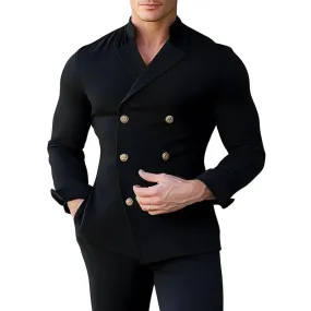 Men's Fashion Lapel Metal Double-Breasted Long-Sleeved Shirt 12397328Y