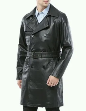 Men's Leather Knee Length Trench Long Coat MC05