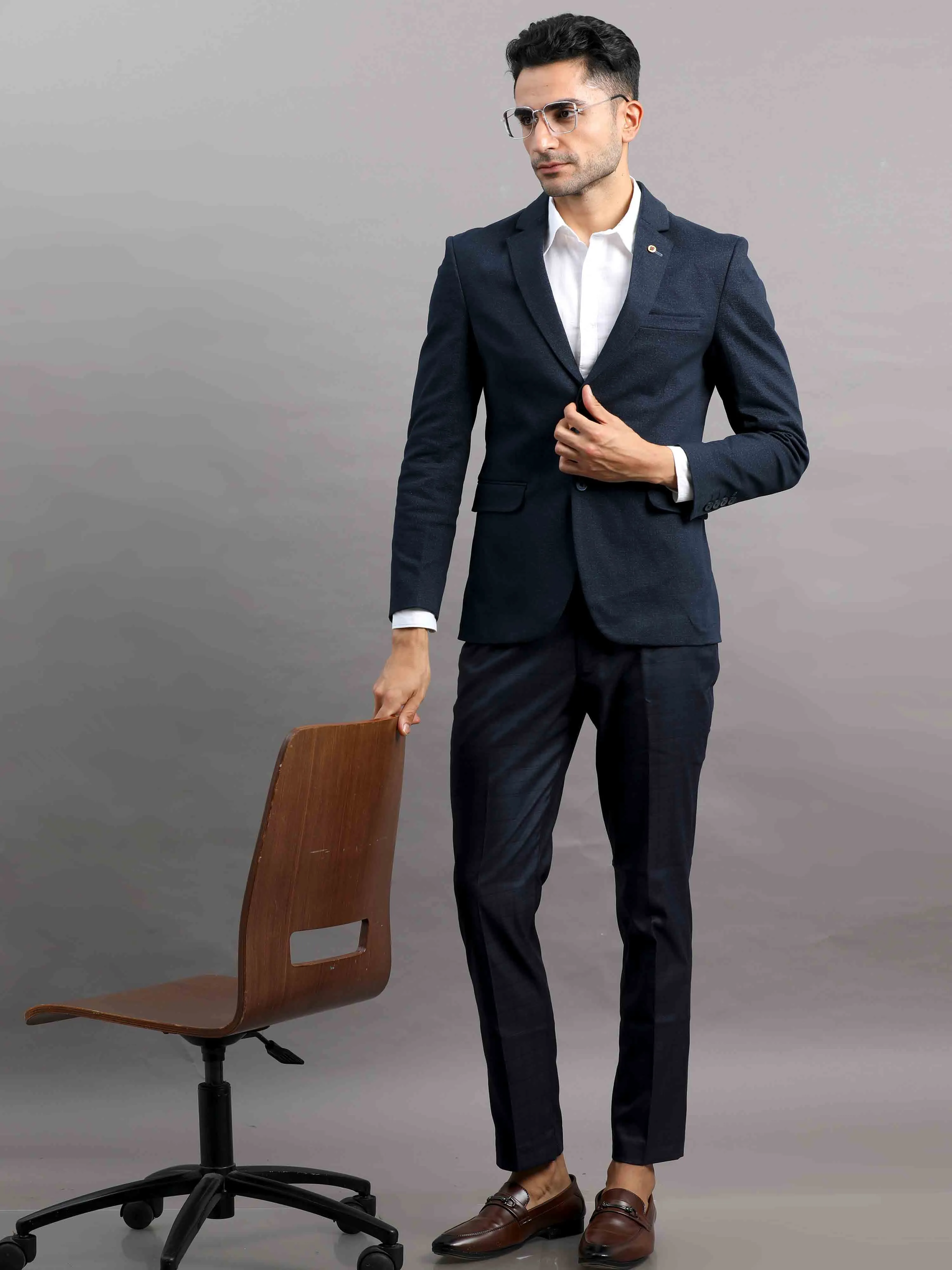 Men's Navy Slim Fit Cotton Blend Full Sleeve Casual Blazer