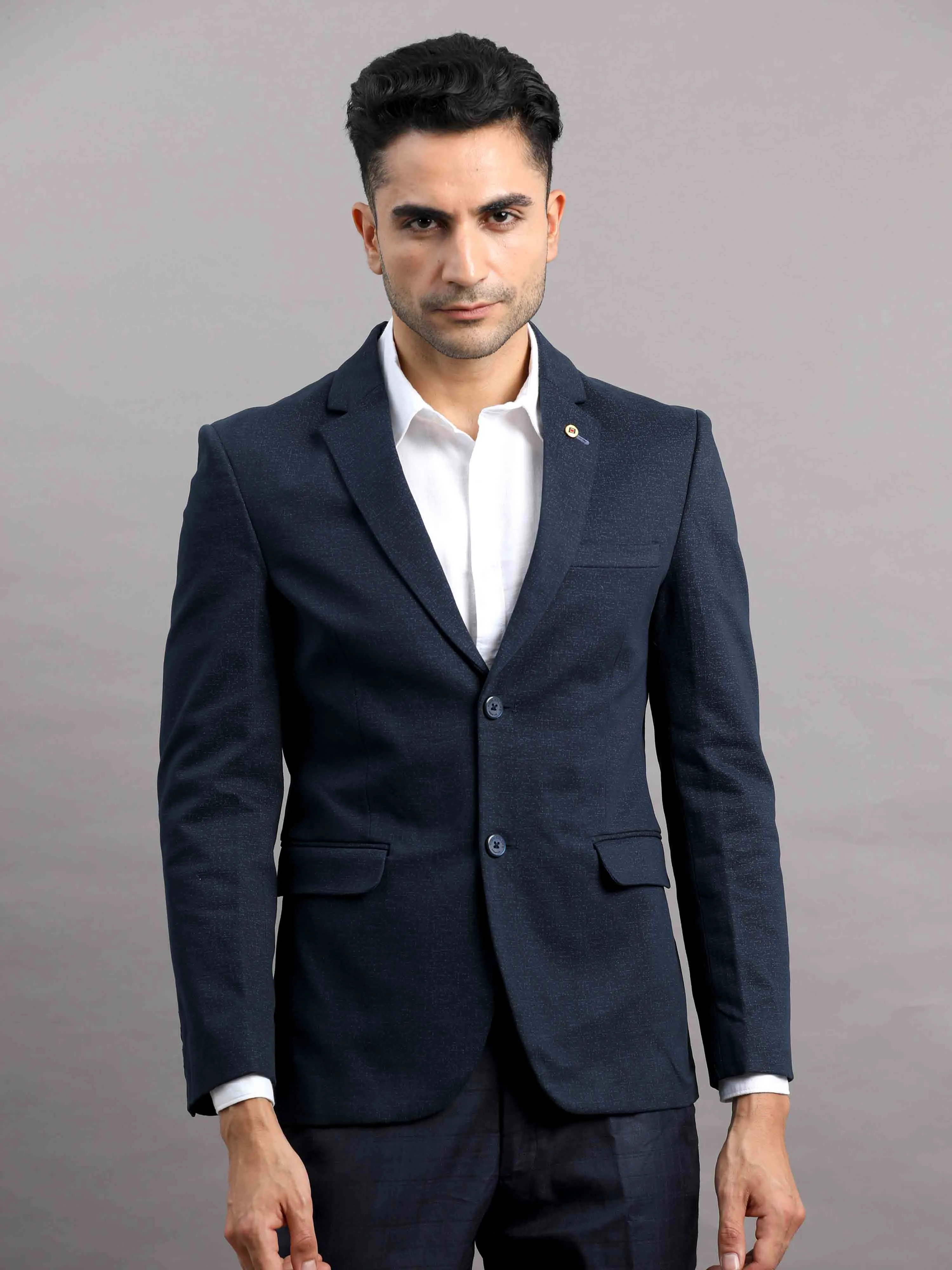 Men's Navy Slim Fit Cotton Blend Full Sleeve Casual Blazer