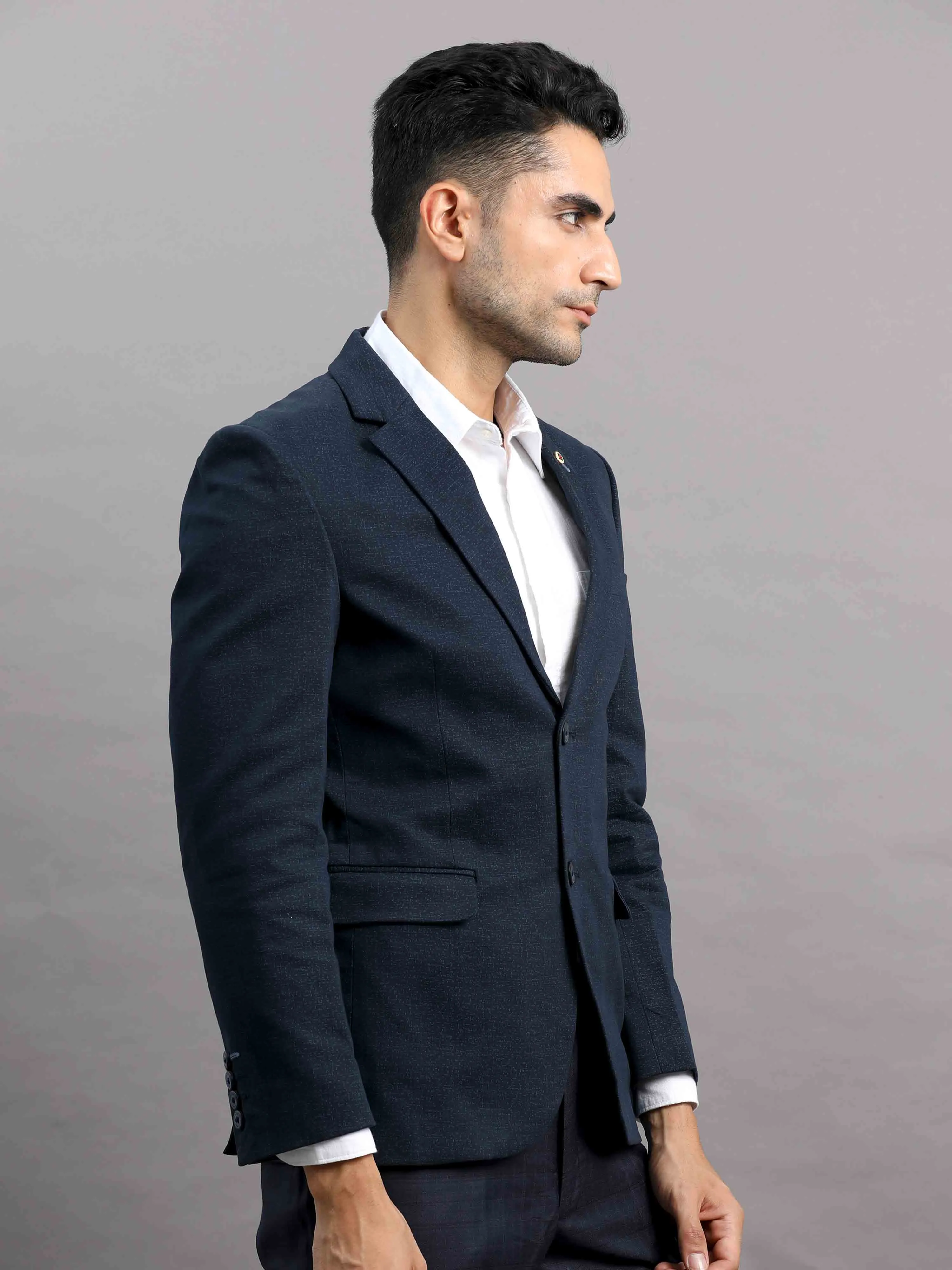 Men's Navy Slim Fit Cotton Blend Full Sleeve Casual Blazer