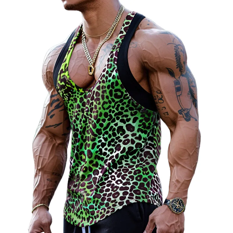 Men's Sexy U-Neck Leopard Print Patchwork Tank Top 03756297M