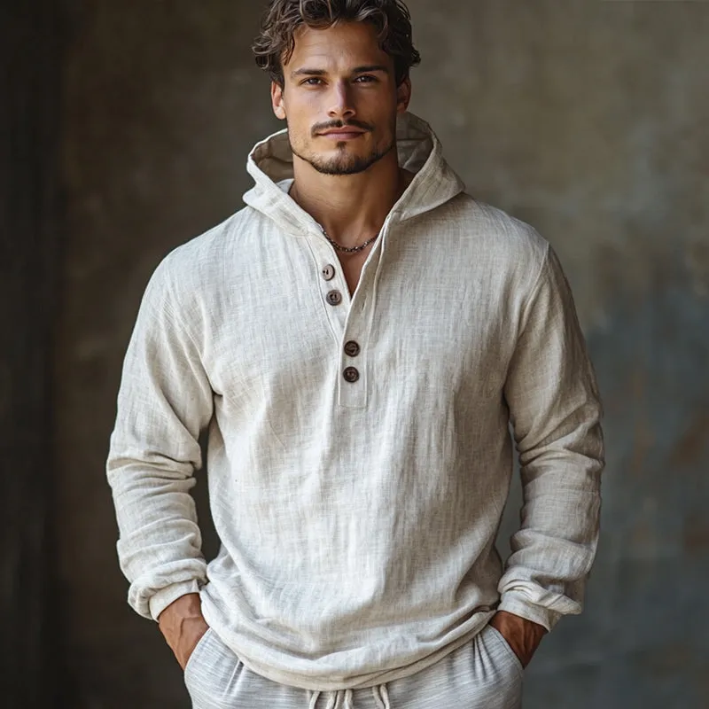 Men's Skin-friendly Off-White Cotton and Linen Long-sleeved Hoodie 95678739U