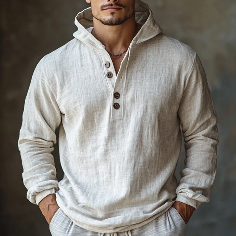 Men's Skin-friendly Off-White Cotton and Linen Long-sleeved Hoodie 95678739U