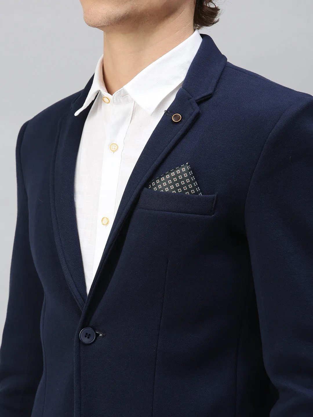 Men's Solid Navy Blue Single Breasted Blazer