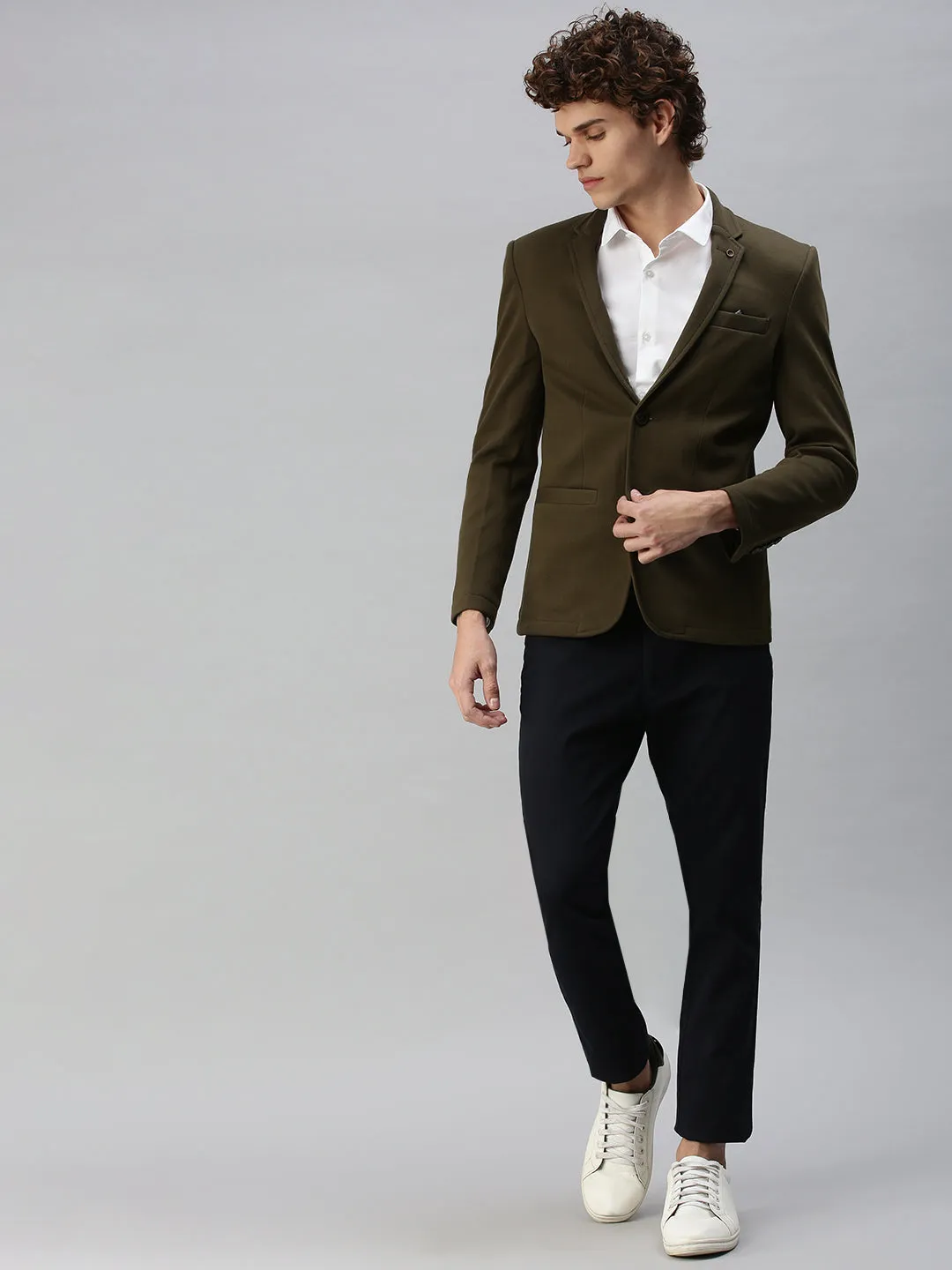 Men's Solid Olive Single Breasted Blazer