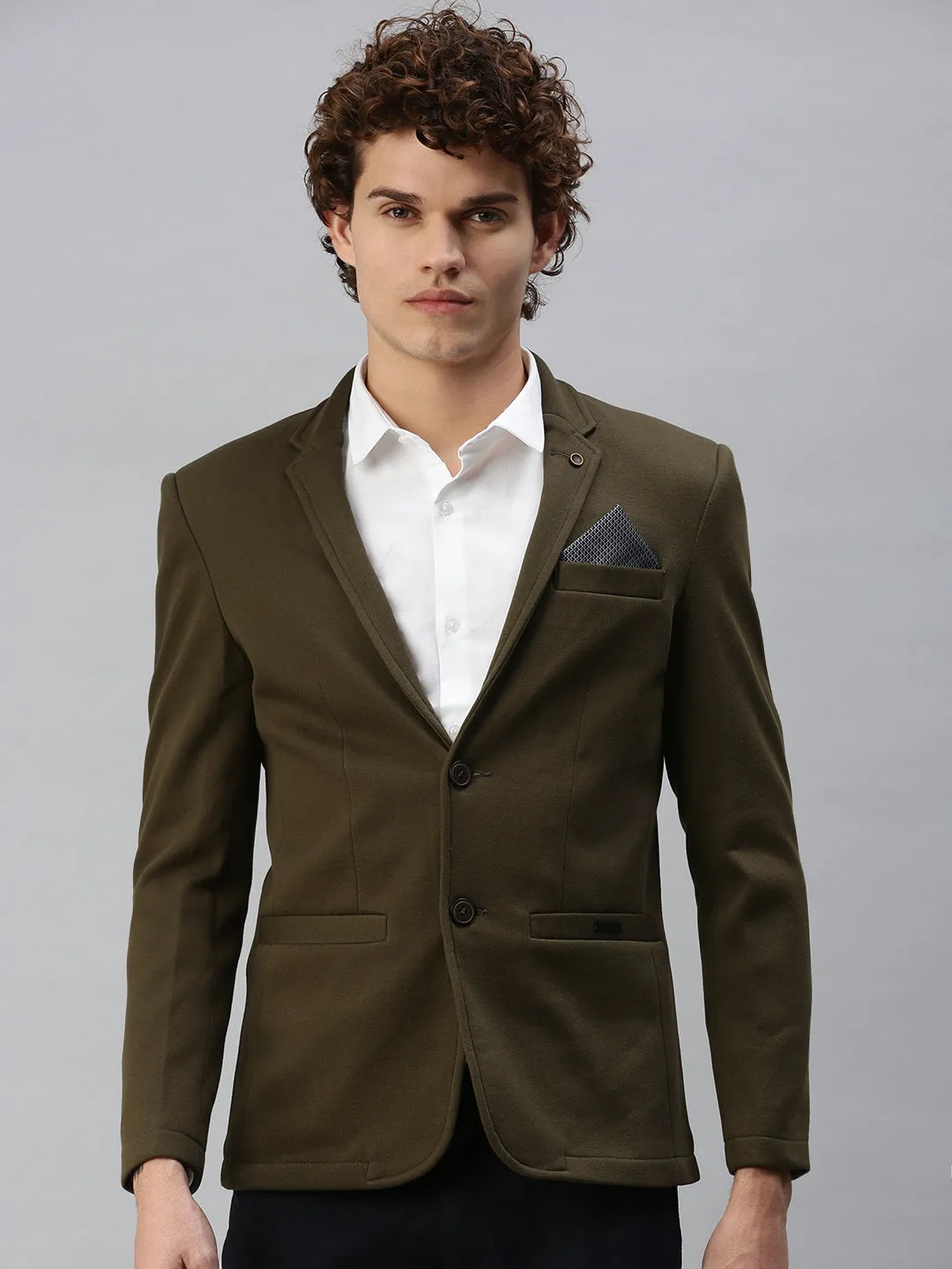 Men's Solid Olive Single Breasted Blazer