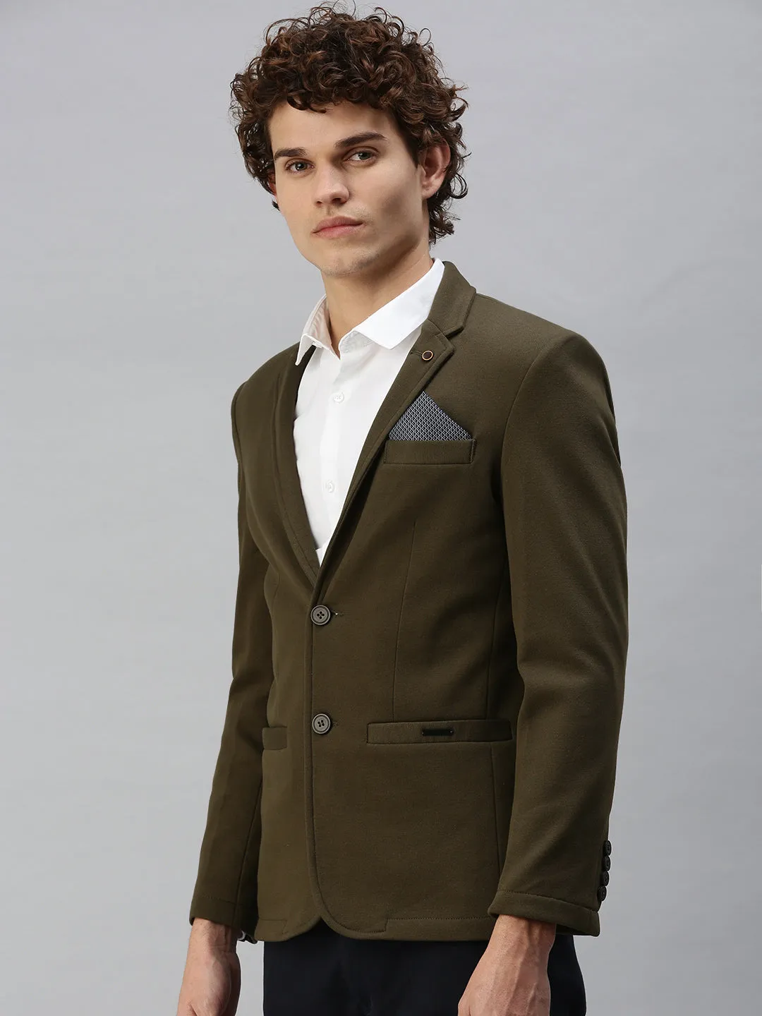 Men's Solid Olive Single Breasted Blazer