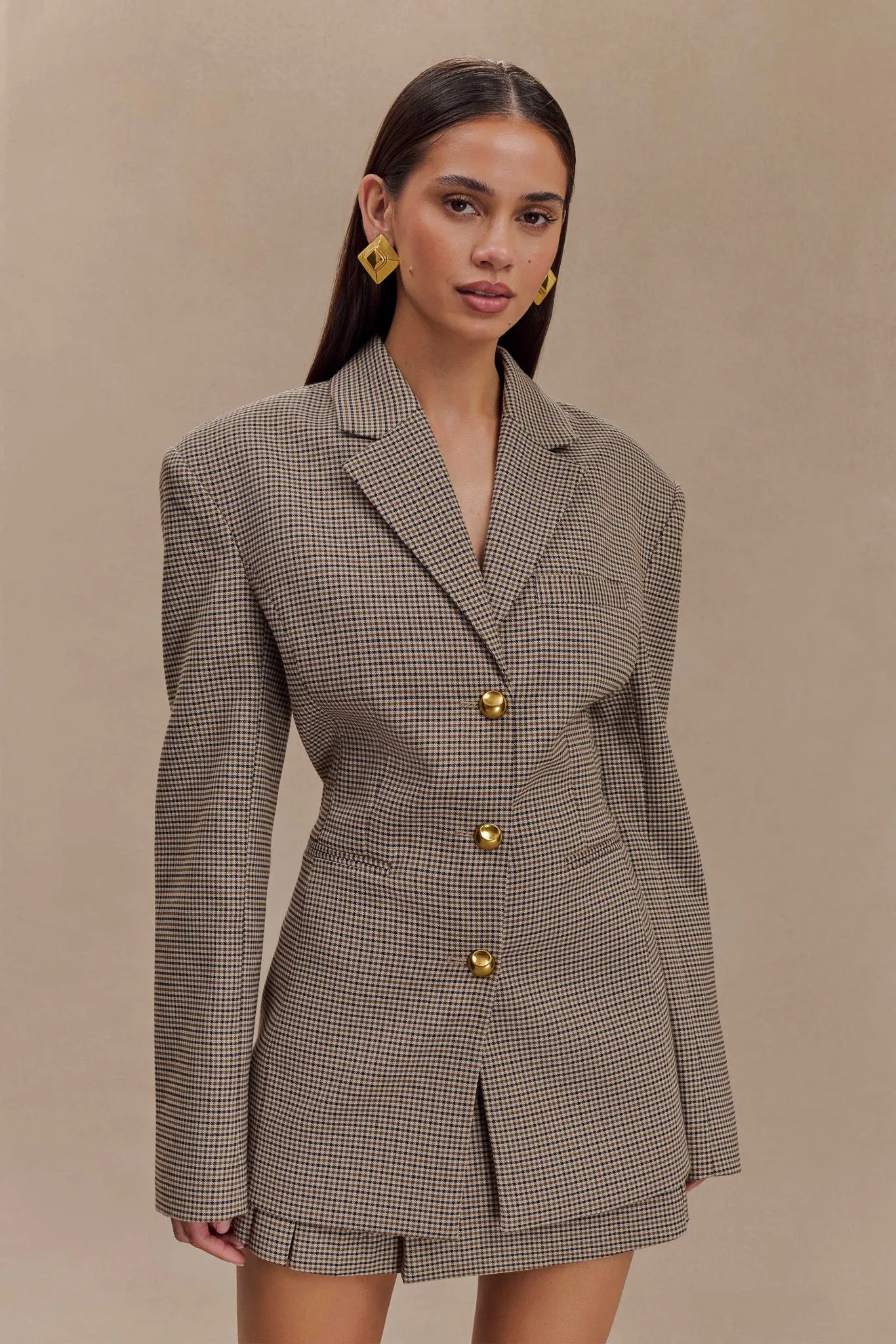 Mila Shaped Blazer - Tan Check