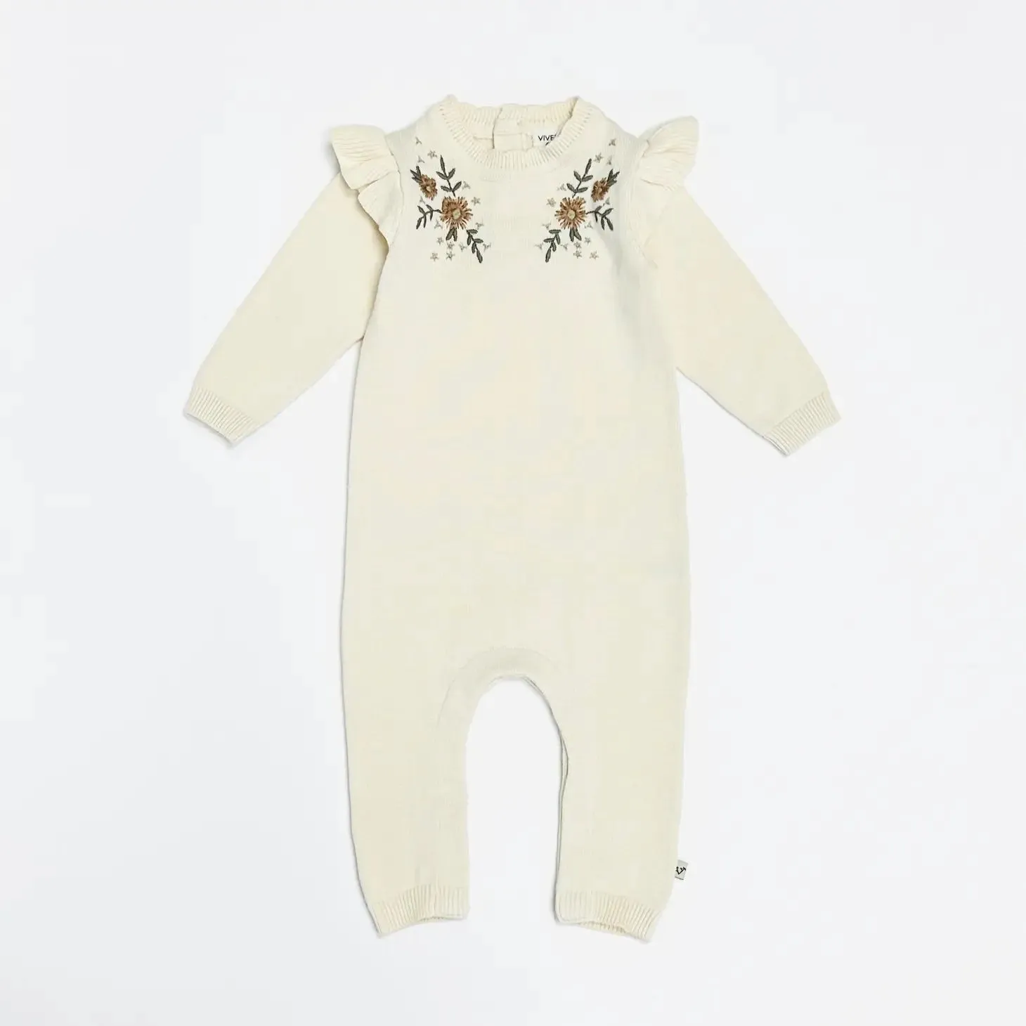 Milan Floral Embroidered Ruffle Knit Baby Jumpsuit (Organic) - 2 Colors