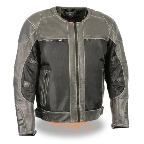 Milwaukee Performance Textile-MPM1796-Men's Distressed Grey Leather & Mesh Racer Jacket with Removable Rain Jacket Liner