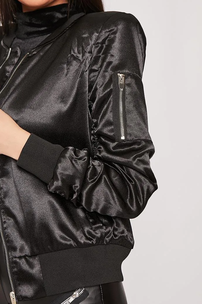 Misse - Black Ruched Sleeve Satin Bomber Jacket