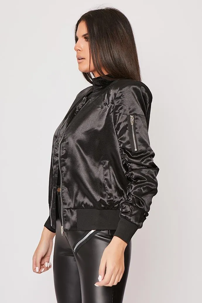 Misse - Black Ruched Sleeve Satin Bomber Jacket