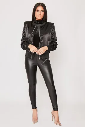 Misse - Black Ruched Sleeve Satin Bomber Jacket