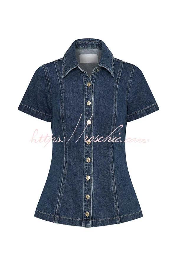 Modern Flavor Denim Short Sleeve Button Up Princess Seams Stretch Top