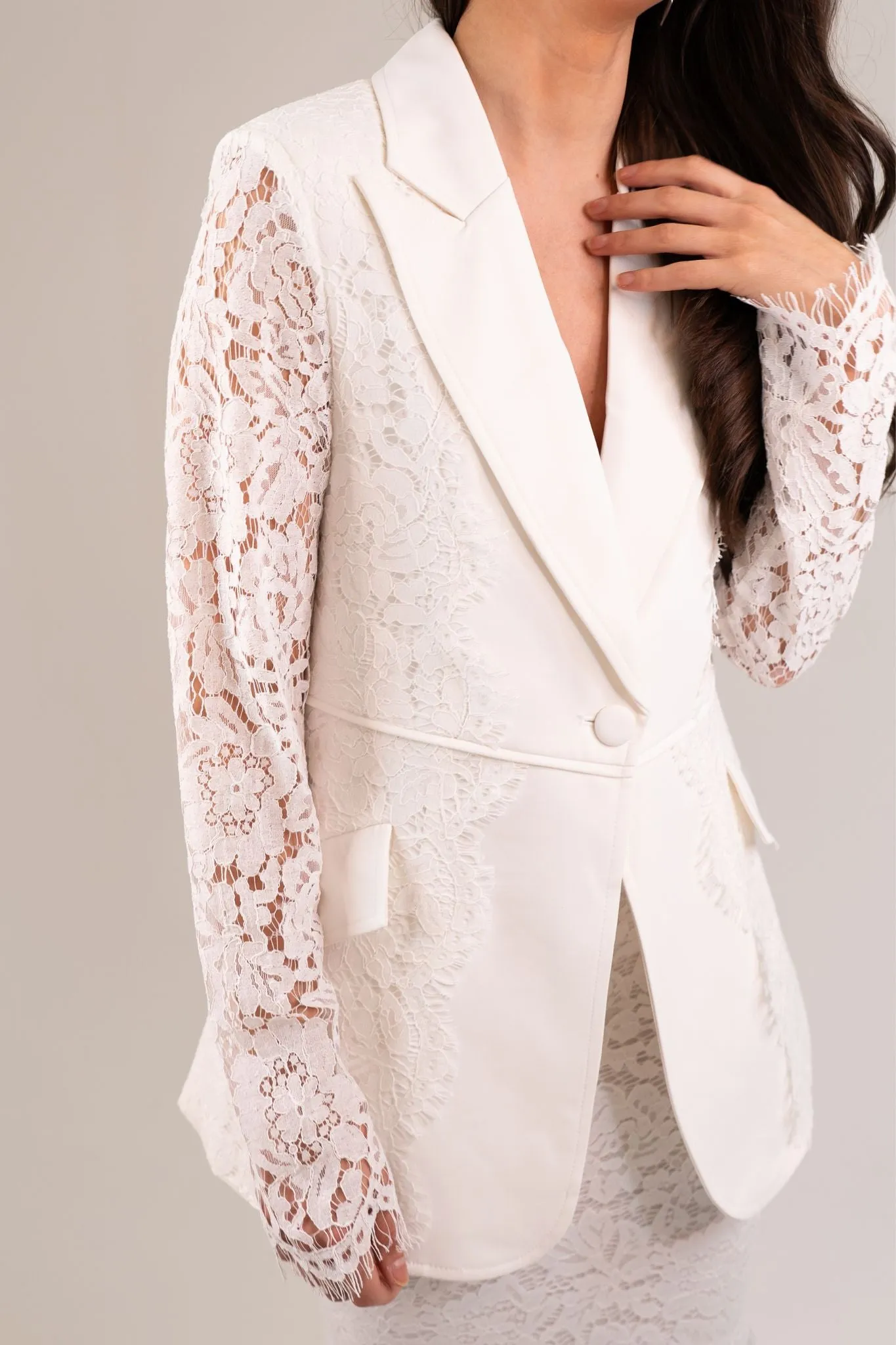 Nadia Lace Sleeve Blazer In White