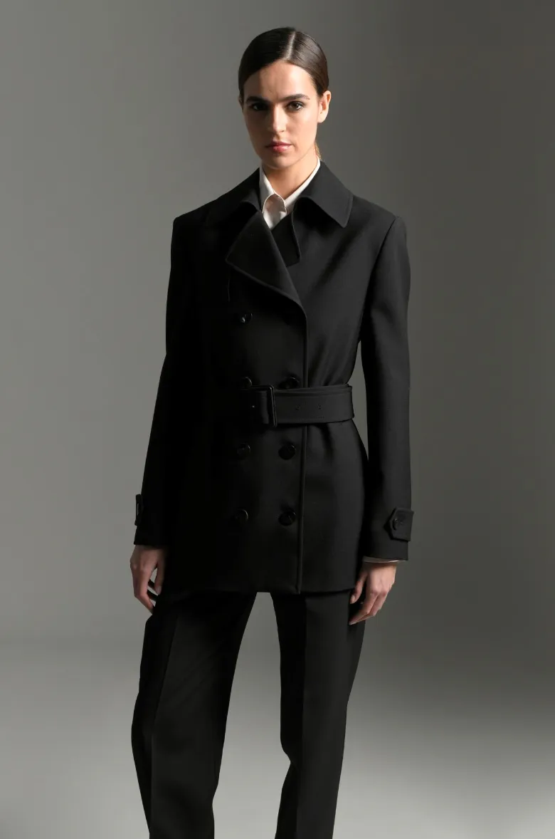 Navy Wool Cashmere Short Trench Coat