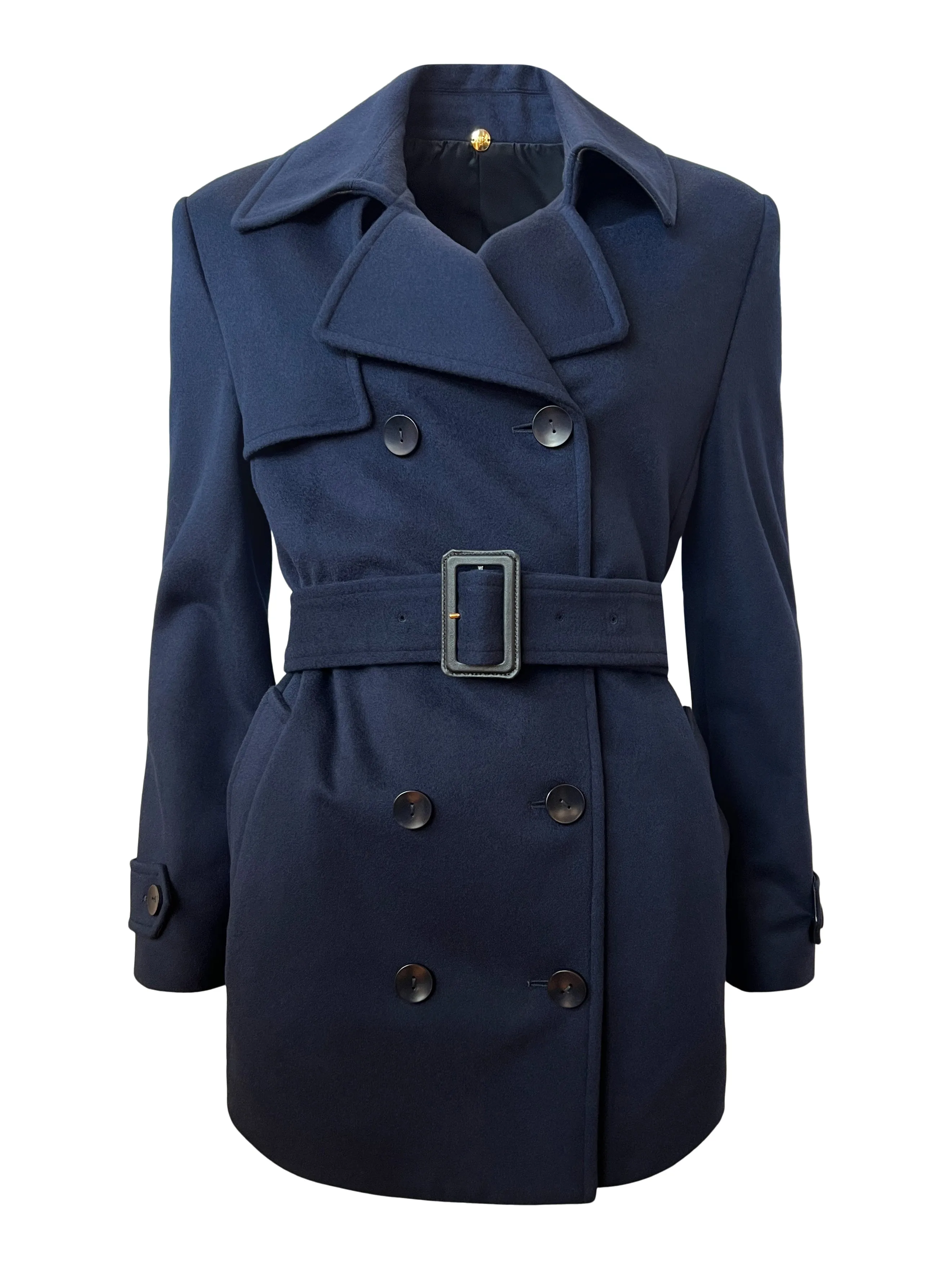 Navy Wool Cashmere Short Trench Coat