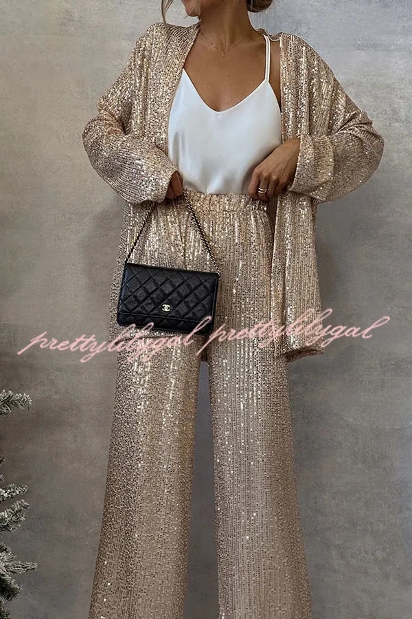 Party Scene Sequin Open Front Long Sleeve Drape Coat