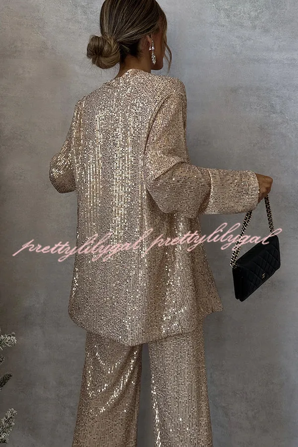 Party Scene Sequin Open Front Long Sleeve Drape Coat