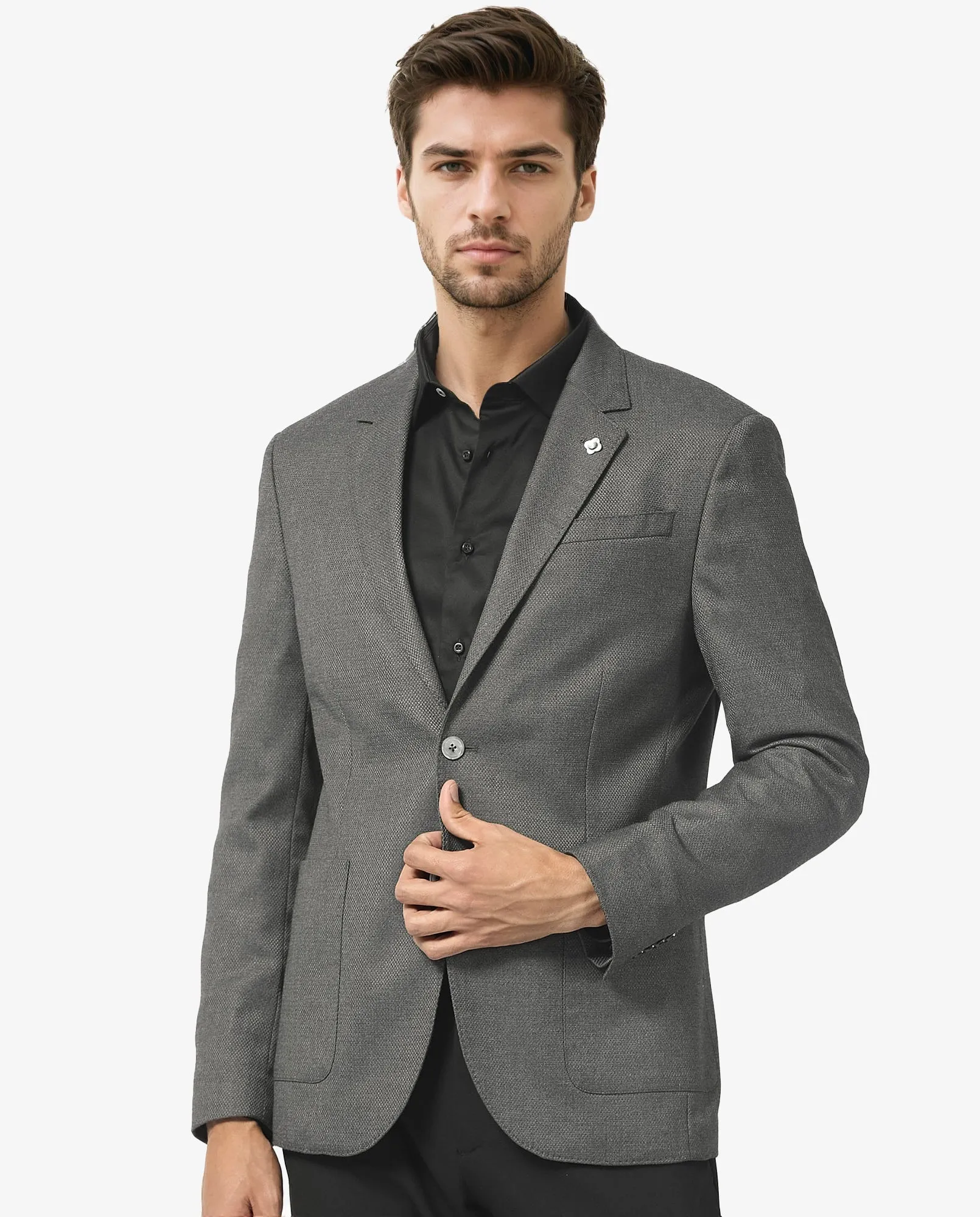 Rare Rabbit Men's Jardo Dark Grey Polyester Viscose Fabric Notch Lapel Single Breasted Tailored Fit Textured Blazer