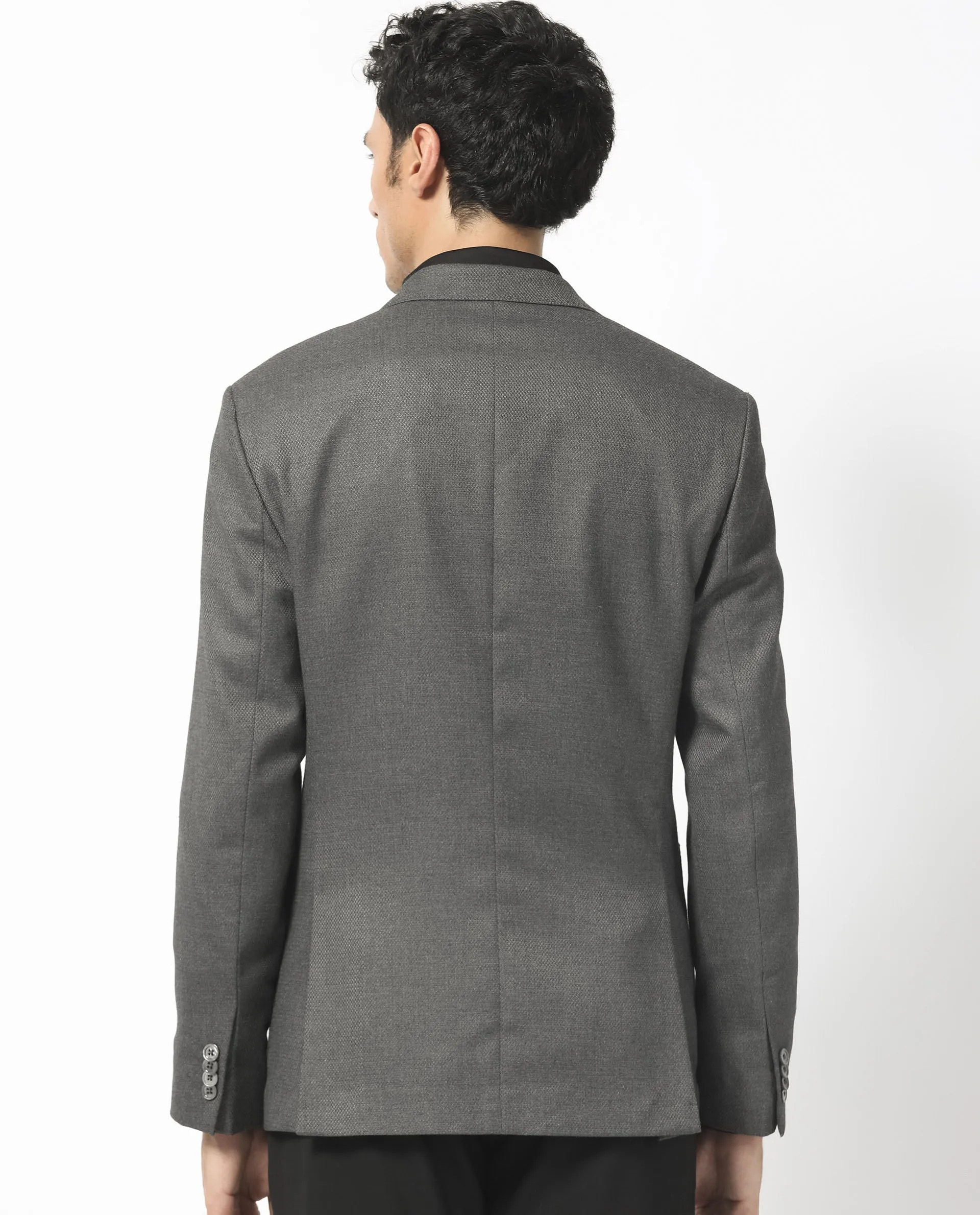 Rare Rabbit Men's Jardo Dark Grey Polyester Viscose Fabric Notch Lapel Single Breasted Tailored Fit Textured Blazer