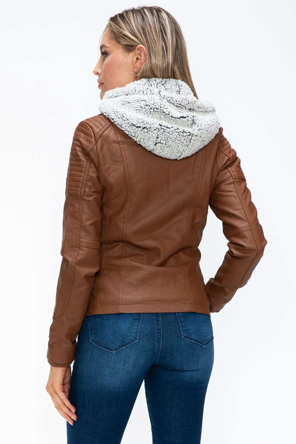 Removable Faux Layered Multi-Pocket Jacket with Fuzzy Hood