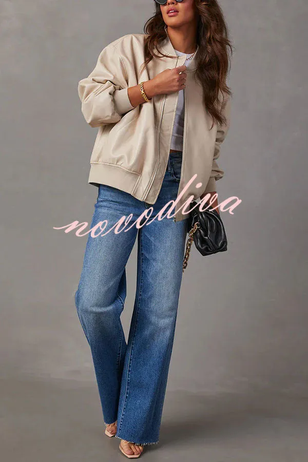 Solid Color Long Sleeve Loose Pocket Leather Jacket