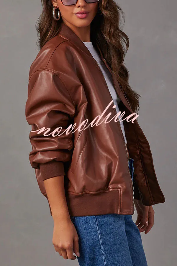 Solid Color Long Sleeve Loose Pocket Leather Jacket