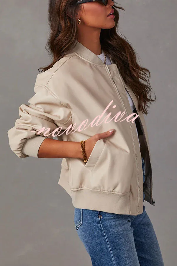 Solid Color Long Sleeve Loose Pocket Leather Jacket