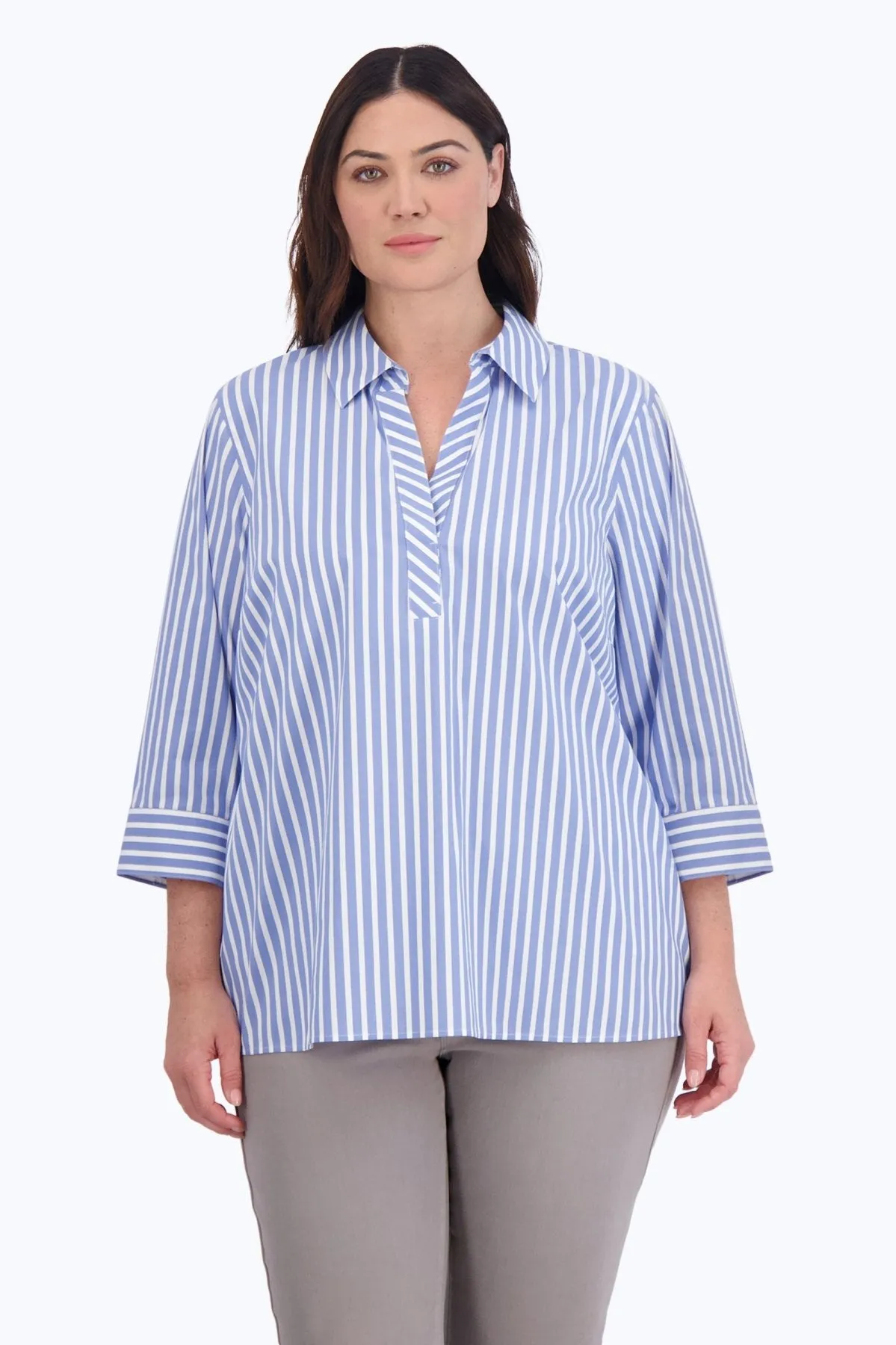 Sophia Plus Stretch No Iron Stripe Popover Shirt