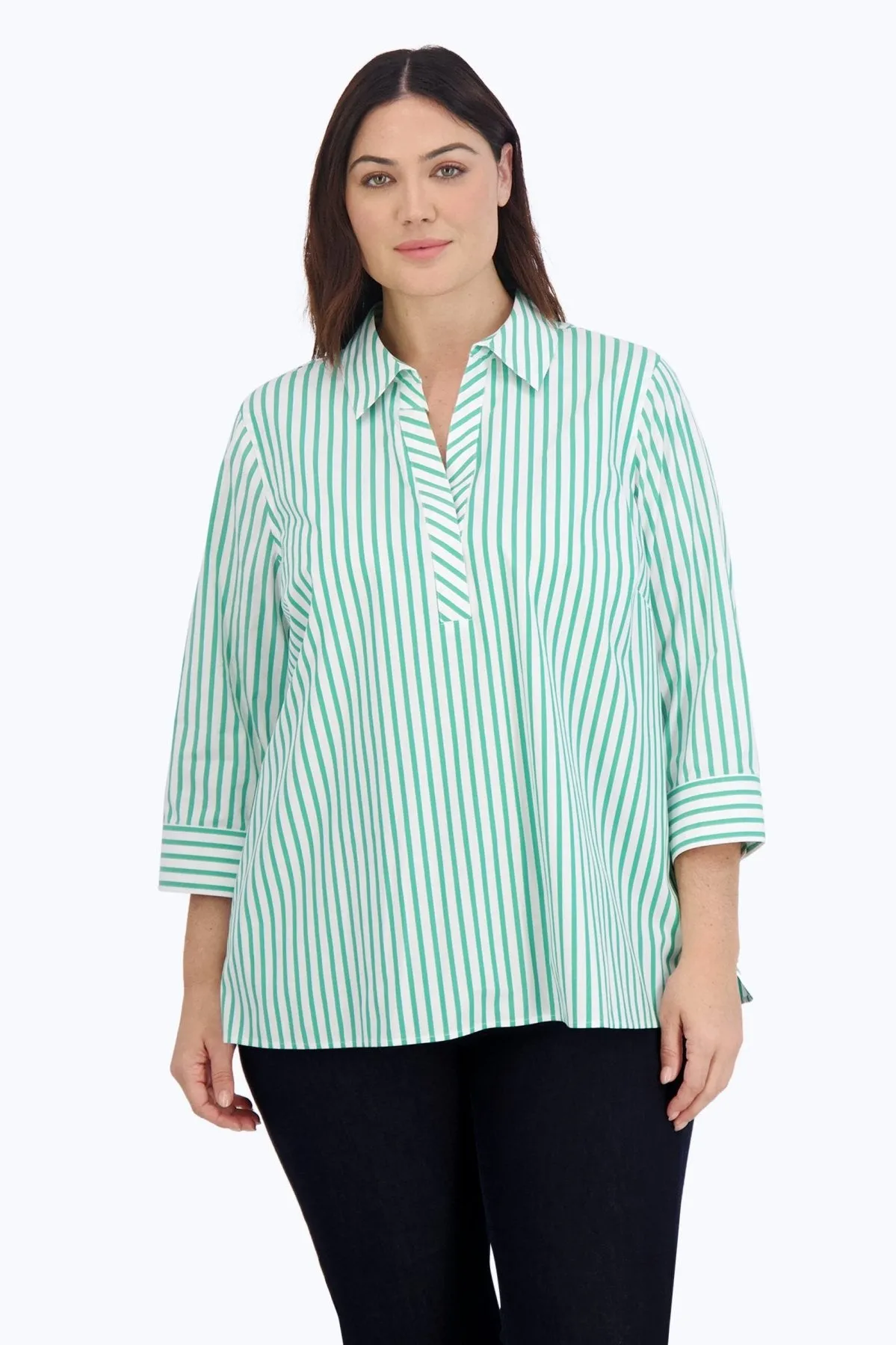 Sophia Plus Stretch No Iron Stripe Popover Shirt