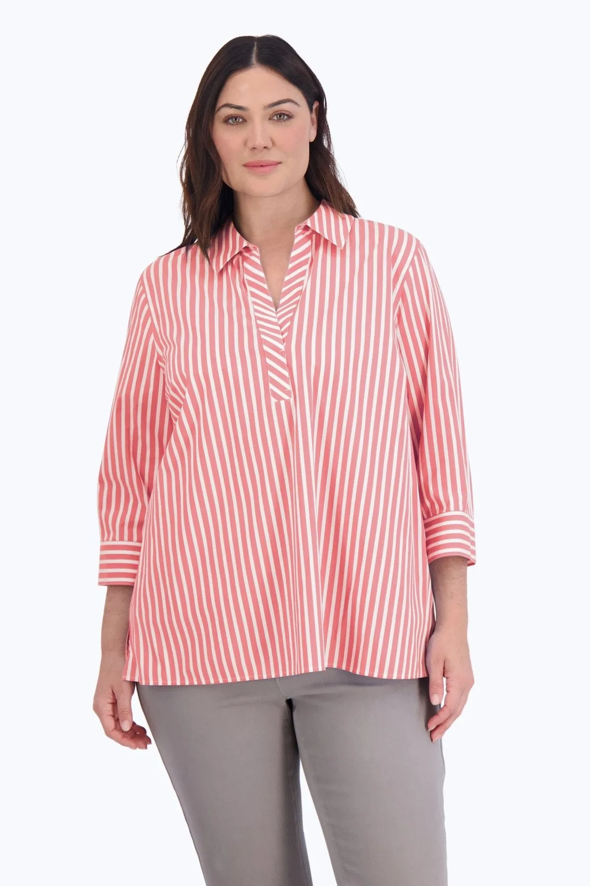 Sophia Plus Stretch No Iron Stripe Popover Shirt