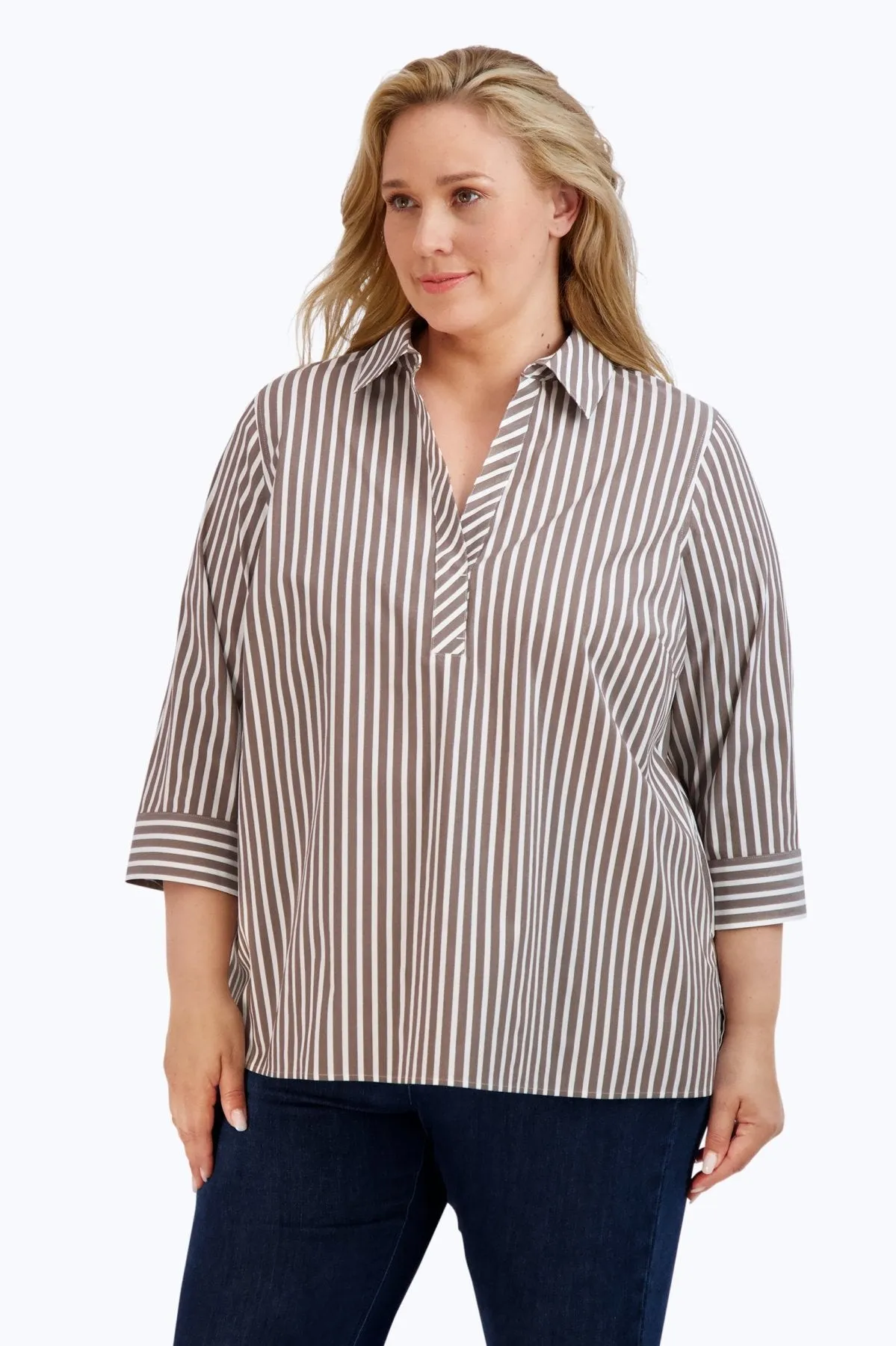 Sophia Plus Stretch No Iron Stripe Popover Shirt